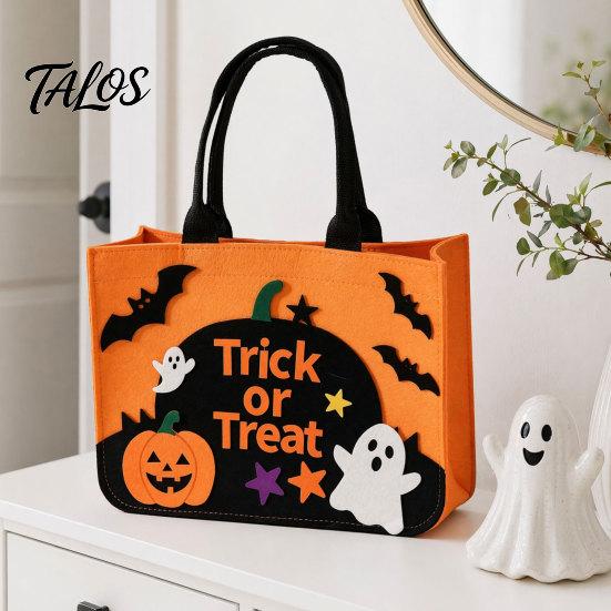 Trick Or Treat Candy Holder Halloween or Bag, Felt Goodie Bag with Pumpkin Ghost Patches, Child-friendly Large Tote for Kids, Party Favor, Haunted