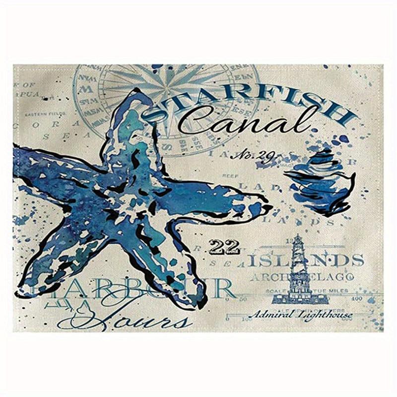 1pc Vintage Ocean Style Encrypted Linen Placemat, Summer Style Seahorse/Starfish/Seashell/Conch Table Mat, Tabletop Protection