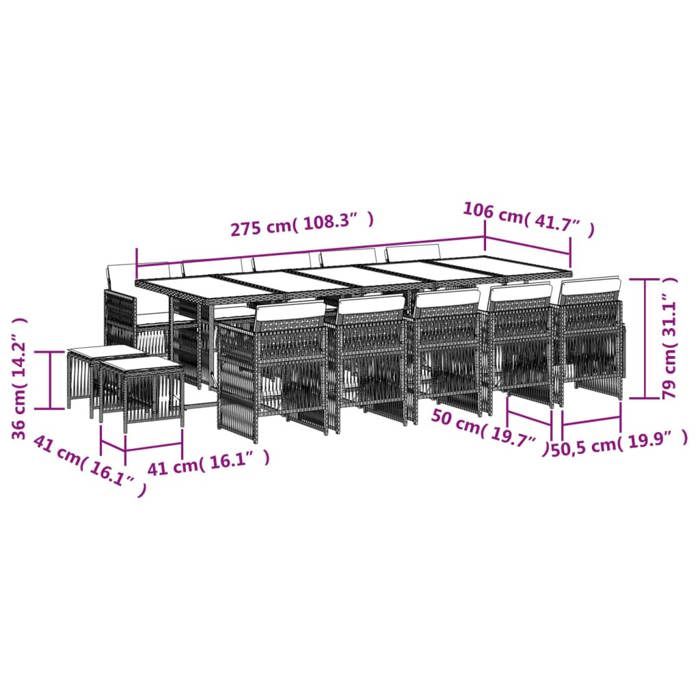 VidaXL Ensemble à Manger de Jardin avec Coussins 15 pcs, Table et Chaises à Dossier Rabattable, Meubles d'Extérieur Patio 3210996