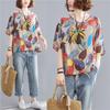 Summer Printed Short-sleeved T-shirt V-neck Cotton and Linen Loose Large-size Women's Top T-shirt Cotton and Linen Shirt