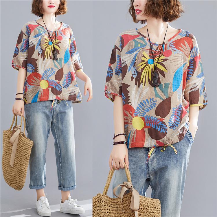 Summer Printed Short-sleeved T-shirt V-neck Cotton and Linen Loose Large-size Women's Top T-shirt Cotton and Linen Shirt