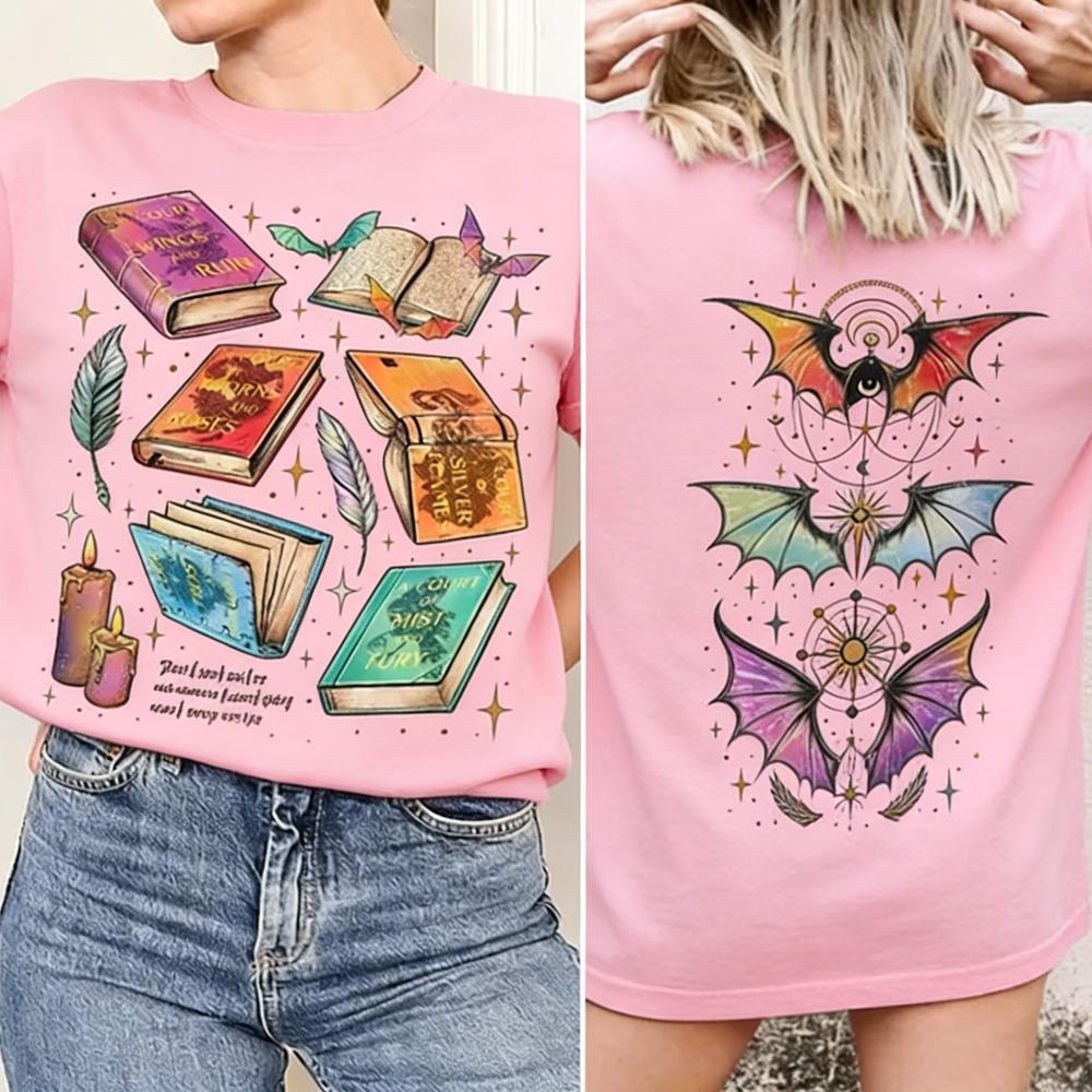 Fantasy Book Stack Front Back Print Graphic TShirt Women Cotton ACOTAR Fourth Wing Book Lover Fantasy Reader Daily Outfit