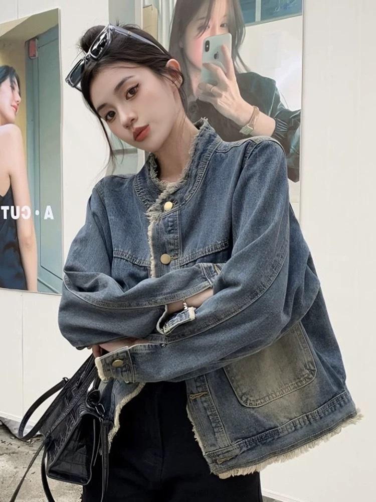 

Женская джинсовая куртка в стиле ретро с необработанным краем - Весна/Осень, Корейский стиль, Высококачественный свободный приталенный крой Medium