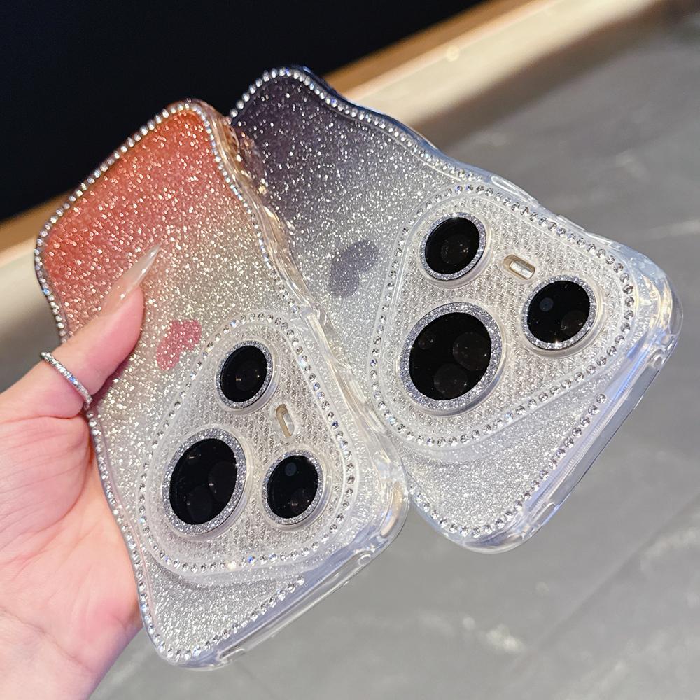 KEYSION Gradient Love Heart Wavy Phone Case for Huawei Pura 70 80 Pro 80 70 Ultra Glitter Jewelled Lens Protector Shockproof Cover