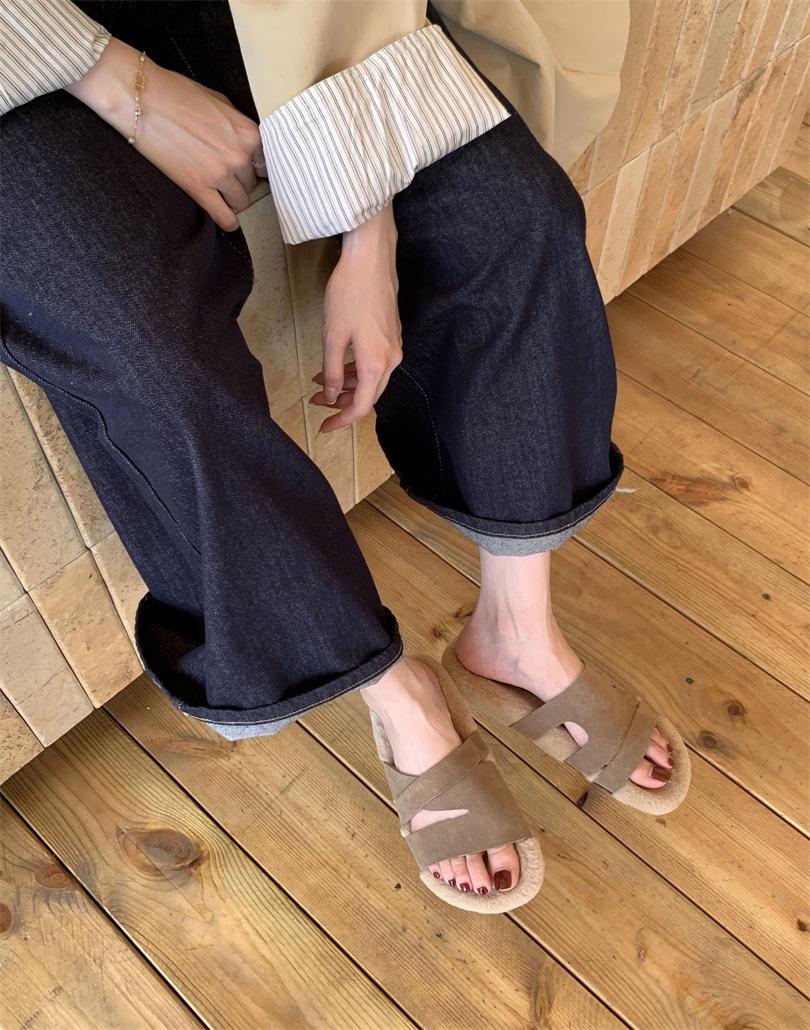 

One-word open-toed round head platform slippers wear 2025 fashion casual sand hair shoes 39 хакі