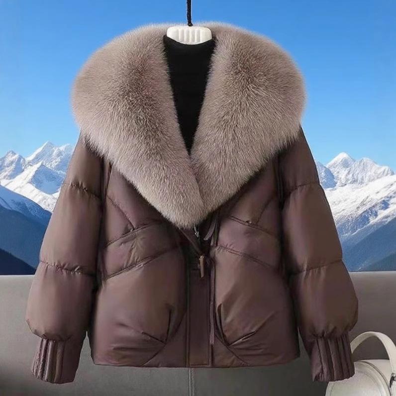Kurze Damen-Pufferjacke mit luxuriösem Fuchsfellkragen, Warme Winter-Oberbekleidung