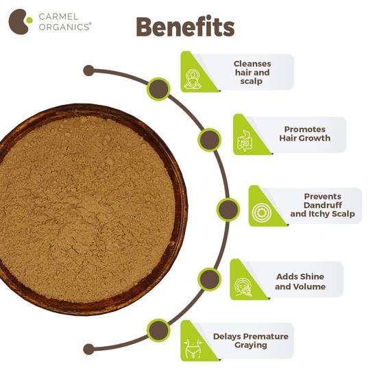 CARMEL ORGANICS Pó de Shikakai 340g - Limpador e Condicionador Natural para Cabelo - Promove Couro Cabeludo Saudável e Cuidados com o Cabelo, Sem Conservantes Adicionados