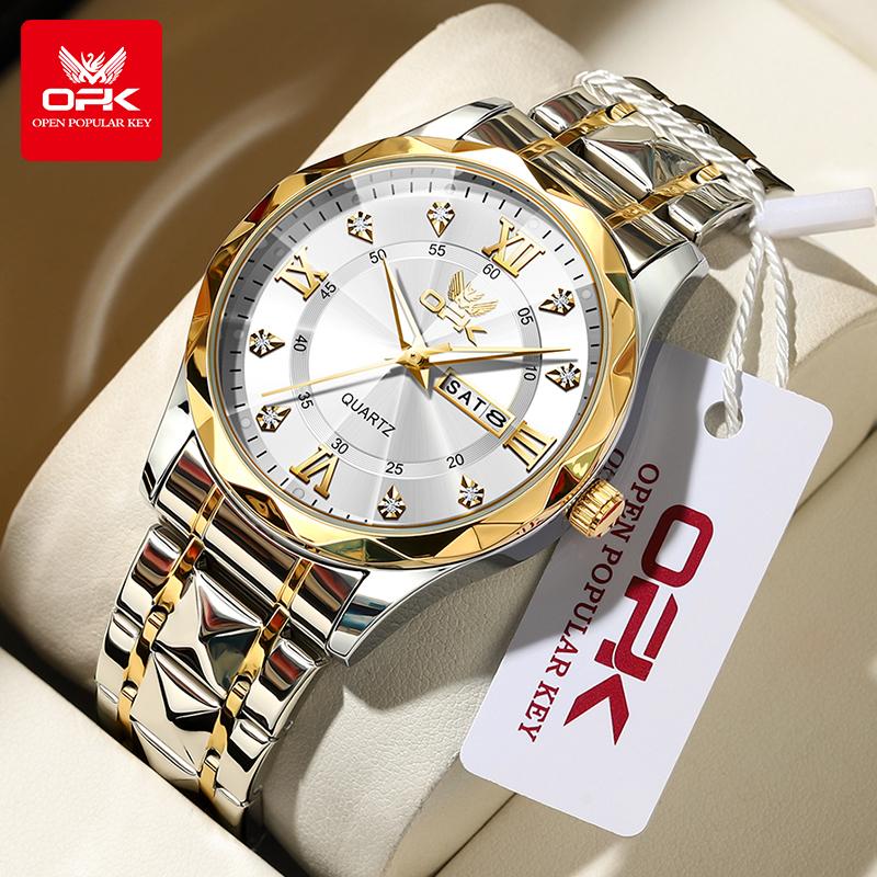 OPK Brand Original Men's Watches Waterproof Week Calendar Quartz Watch for Men Fashion Luminous Diamond Scale Watch