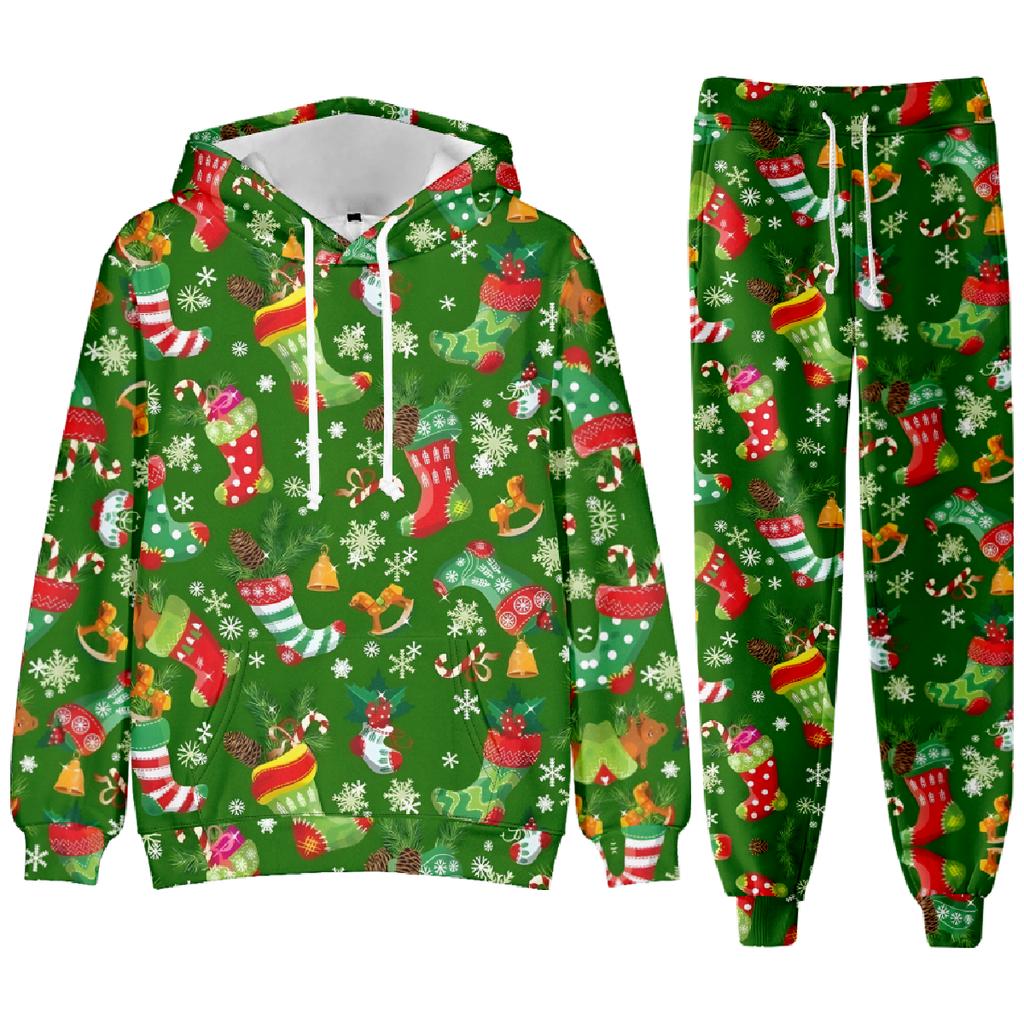 Party New Year Holiday 3D Printed Christmas Santa Claus Man Woman Hoodies Pants 2pcs Sets Casual Oversized Long Sleeve Set