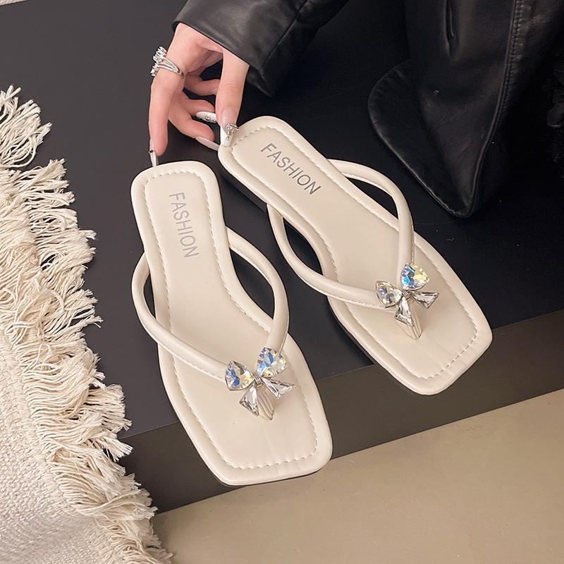 Summer new square head cool slippers fashionable exquisite rhinestone bow flip-flops women's vacation beach pinch slippers