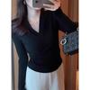 Plus Size Women's Wine Red V-Neck Long Sleeve Base Layer Top - Chic Slimming Autumn Innerwear