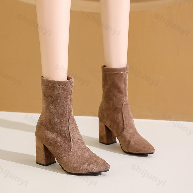 Women's Velvet Short Boots Autumn Winter New Style Versatile High Heel Boots Quality Sharp Point Thick Heel Large Size 34-42