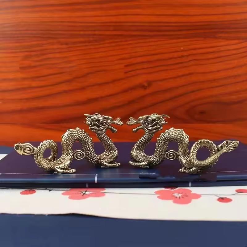Solid Brass Chinese Zodiac Dragon Statue - Desktop Ornament for Home Office, Retro Feng Shui Crafts & New Year Gifts