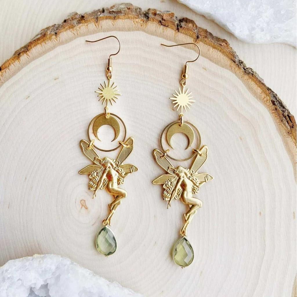 Forest Fairy Green Crystal Earrings With Bohemian Sun Moon Pendant For Women