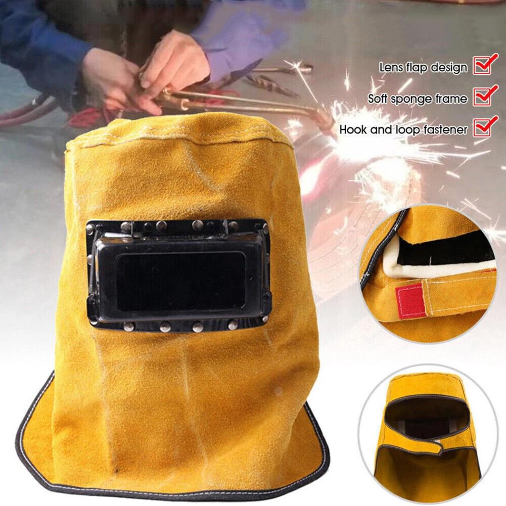 Solar-Powered, Auto-Darkening Filter Lens Welder's Leather Welding Helmet With Hood And Heat-Resistant, Breathable Lens