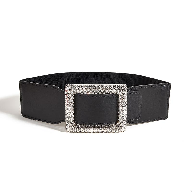 Square buckle wide belt decorative coat elastic diamond waist cincher women s stretch чёрный