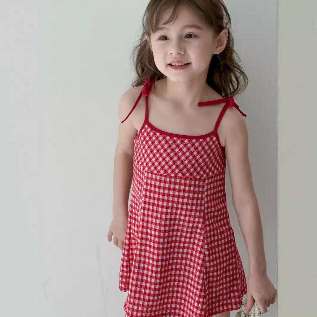 Summer Girls Plaid Spaghetti Strap Dress Kids Fashionable Princess Sundress Baby Chic Sleeveless Party Gown
