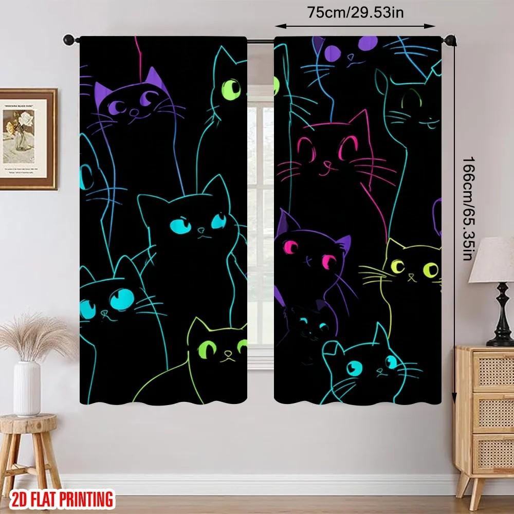 Set Of 2 Neon Cats Curtain Polyester Living Room Halloween Window Decor Home Blackout With Rod Pocket Ideal For