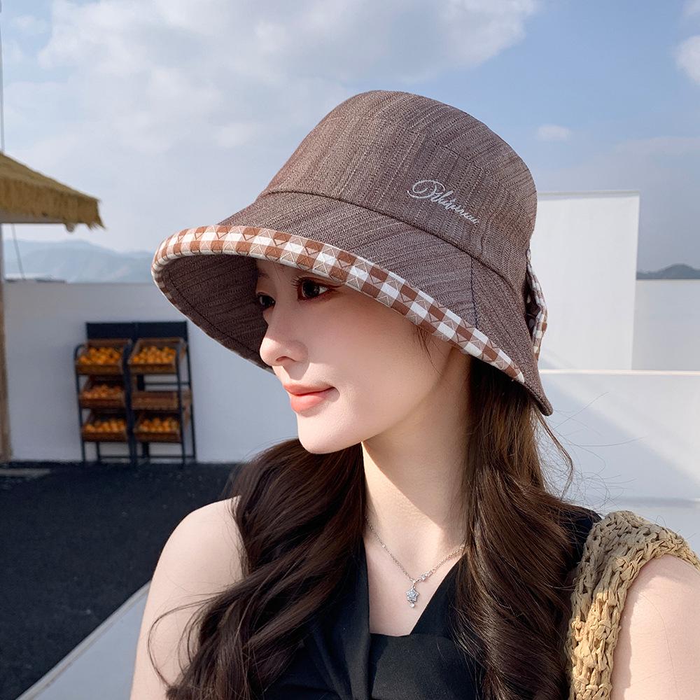 Women's Summer Plaid Bucket Hat: Breathable, UV Protection, Face-Slimming, with Bowknot