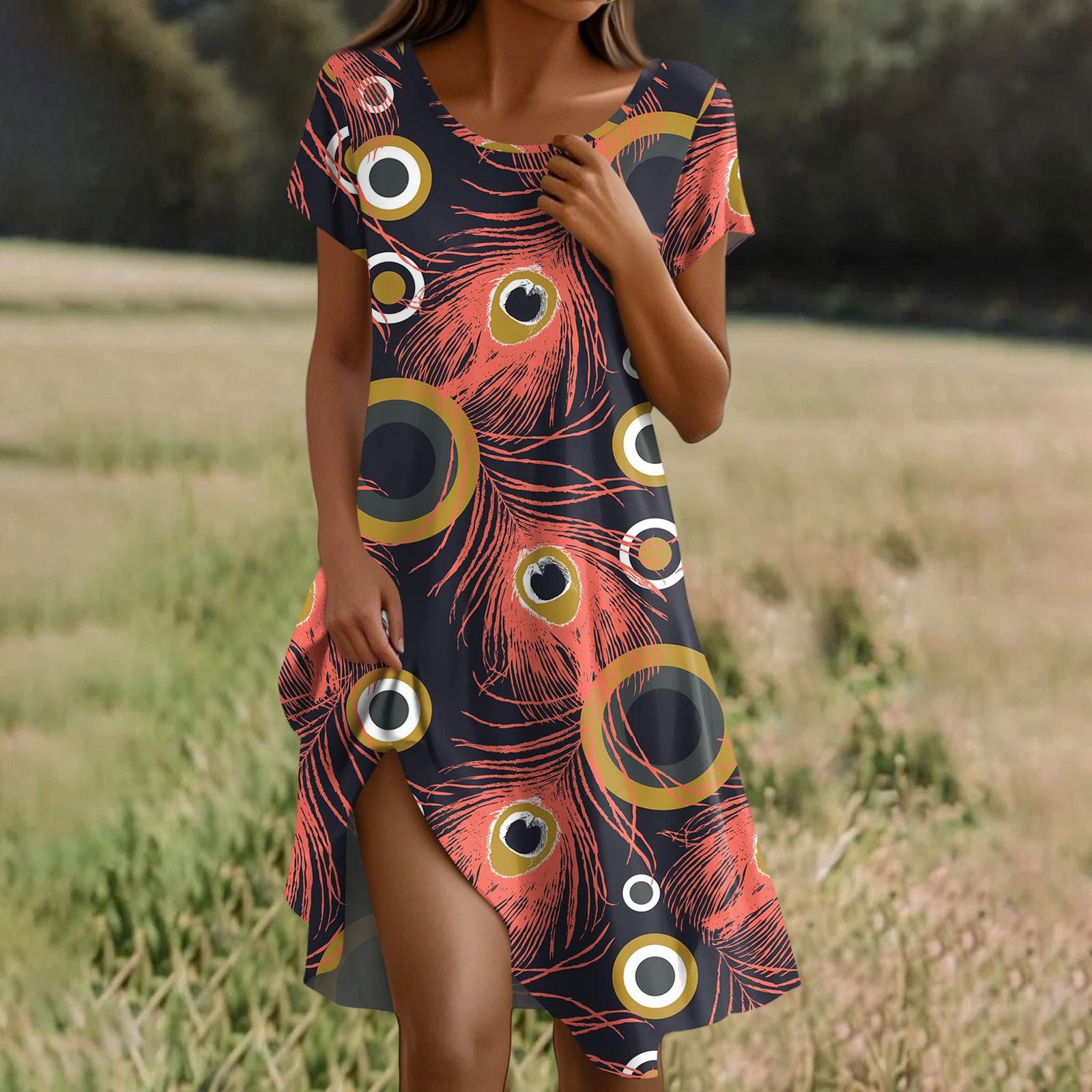 

Платье бохо с коротким рукавом для женщин, повседневное, свободного кроя, летний сарафан, платье с принтом перьев с карманами L коричневый