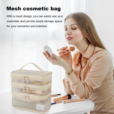 Borsa per cosmetici in rete Multistrato Chiusura con cerniera visibile di grande capacità con maniglia Borsa per il trucco da viaggio per organizzazione classificata portatile