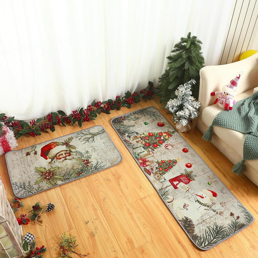 Christmas Kitchen Mat Household Kitchen Water-Absorbing And Dirt-Resistant Long Strip Two-Piece Set Foot Mat Decorative Floor Mat