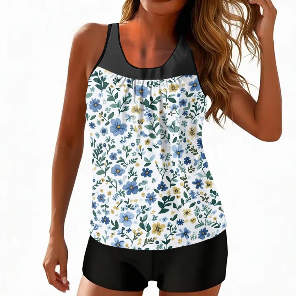 Women’s Sleeveless Tankini Top and Shorts Set with Floral Print Scoop Neck Swimwear for Beach Pool Vacation