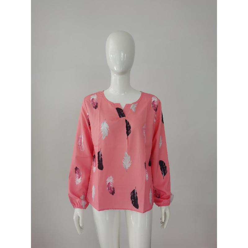 2026 Spring New V-neck Feather Print Long Sleeve Loose T-shirt for Women