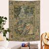 Medieval Forest Tapestry, Vintage Wall Hanging with Renaissance Style Court Scene In Lush Greenery, for Bedroom Decor
