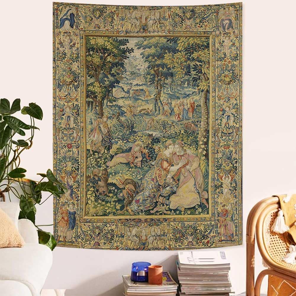 Medieval Forest Tapestry, Vintage Wall Hanging with Renaissance Style Court Scene In Lush Greenery, for Bedroom Decor