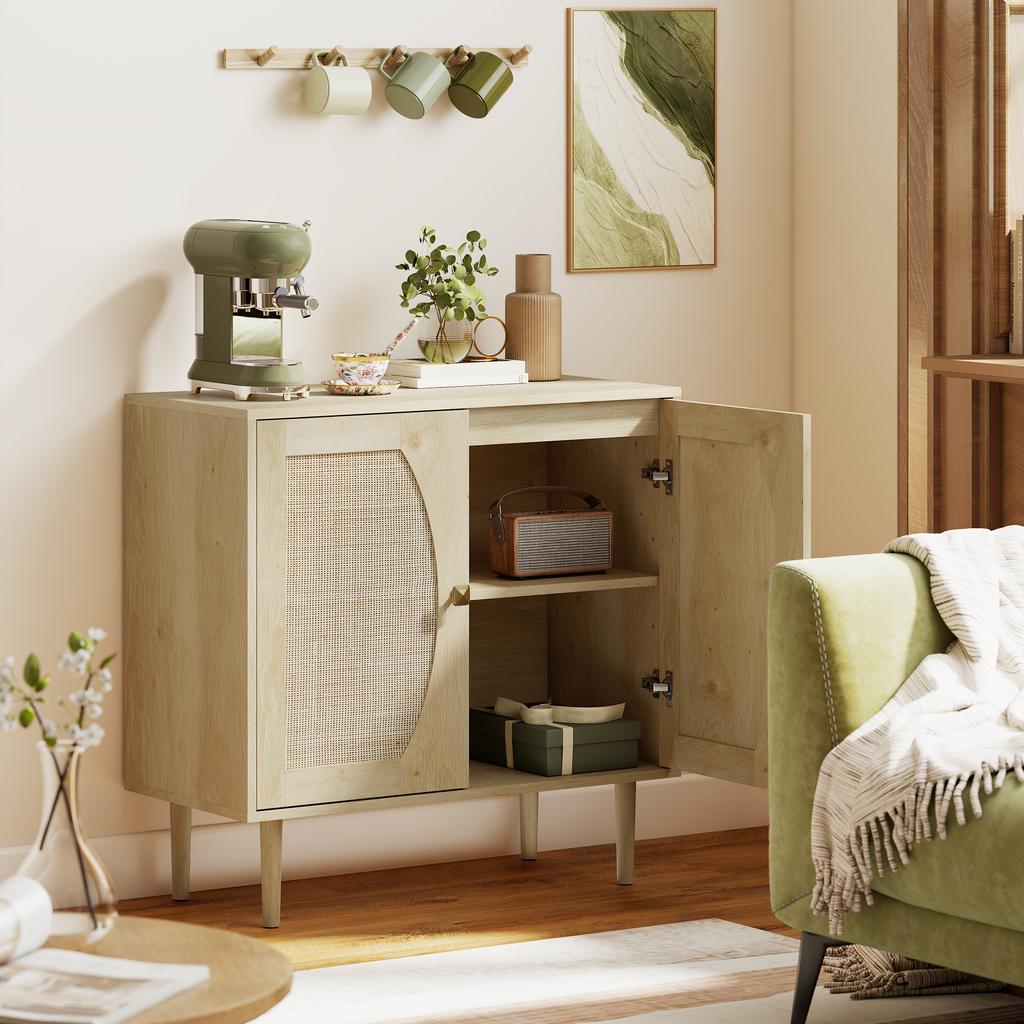 Kitchen Sideboard, Storage Cabinet with Double Doors and 2 Levels, Cane Front 80 x 38 x 79 cm Natural Wood Effect