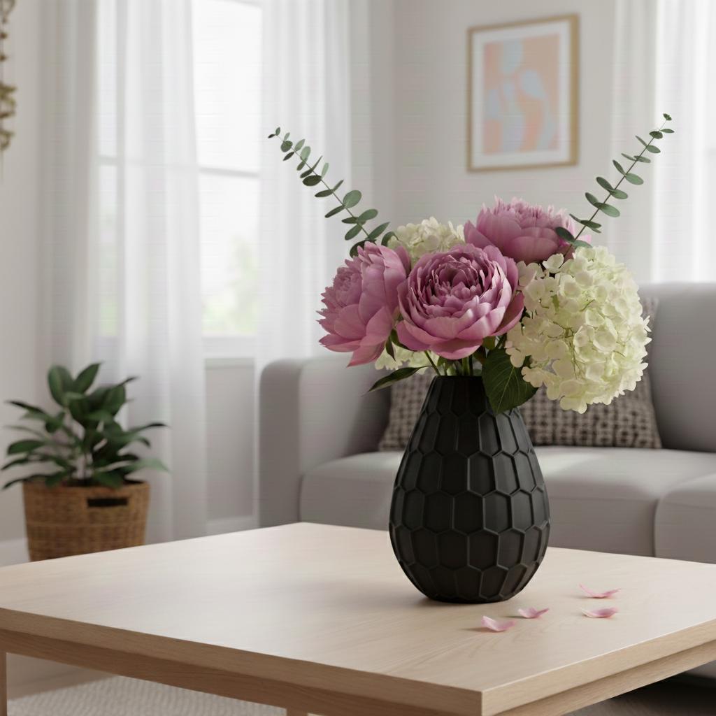 Black Geometric Decorative Vase with an Elegant Hexagonal Pattern