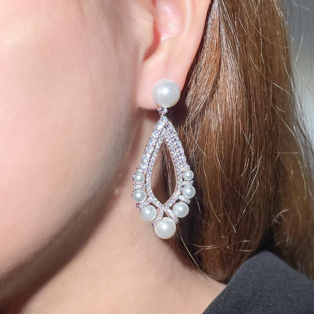Elegant Ruili Pearl Drop Earrings with Micro-Paved Zirconia - Fresh Street Style Trend