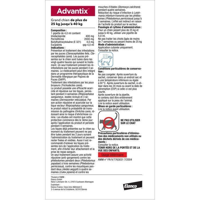 Advantix Chien Solution Antiparasitaire Grande Race 25 à 40kg 4 pipettes