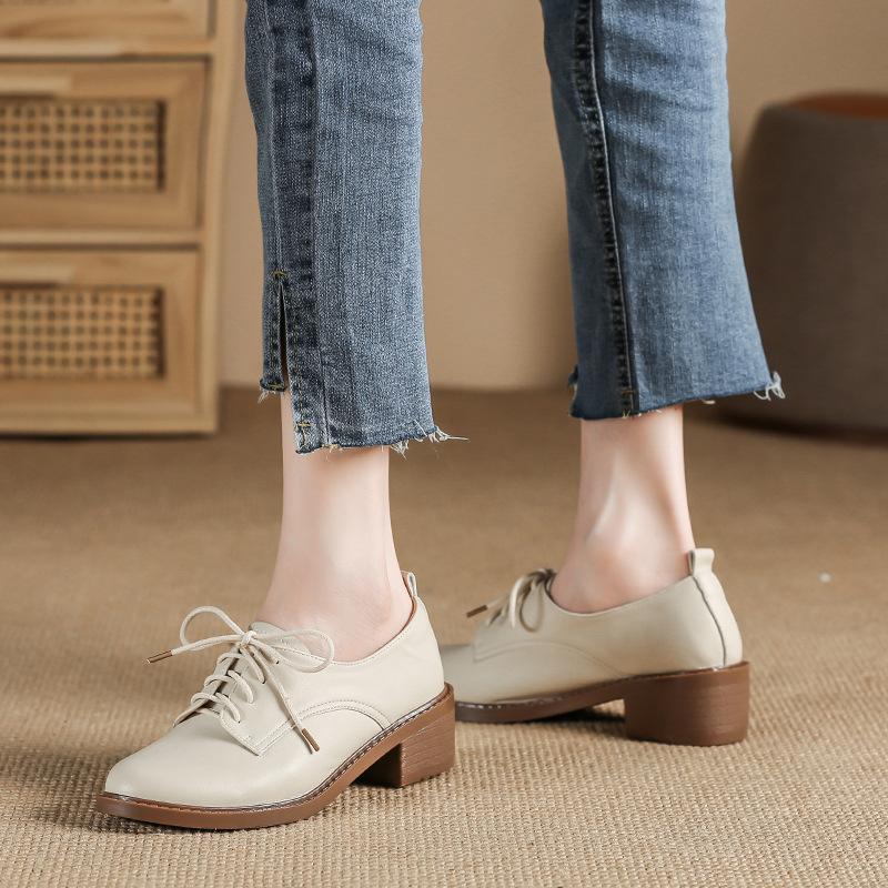 Med-High Heels Oxford Shoes Woman Lace-Up Sneakers Solid Leather Brogues Ladies All Match Loafers Office Dress Flats Women