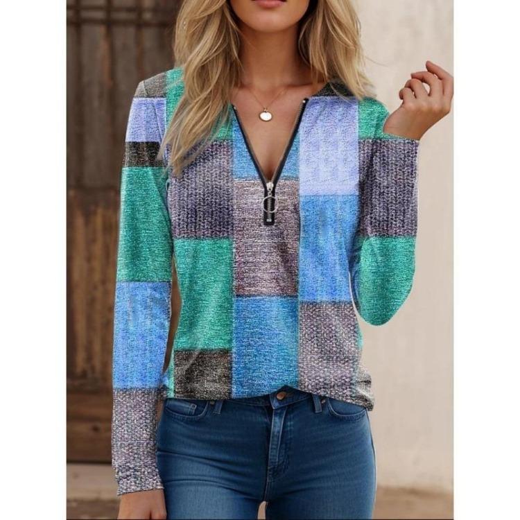 Women's Casual Loose V-Neck Zip Pullover Blouse Long Sleeve Printed Top Fashion Autumn