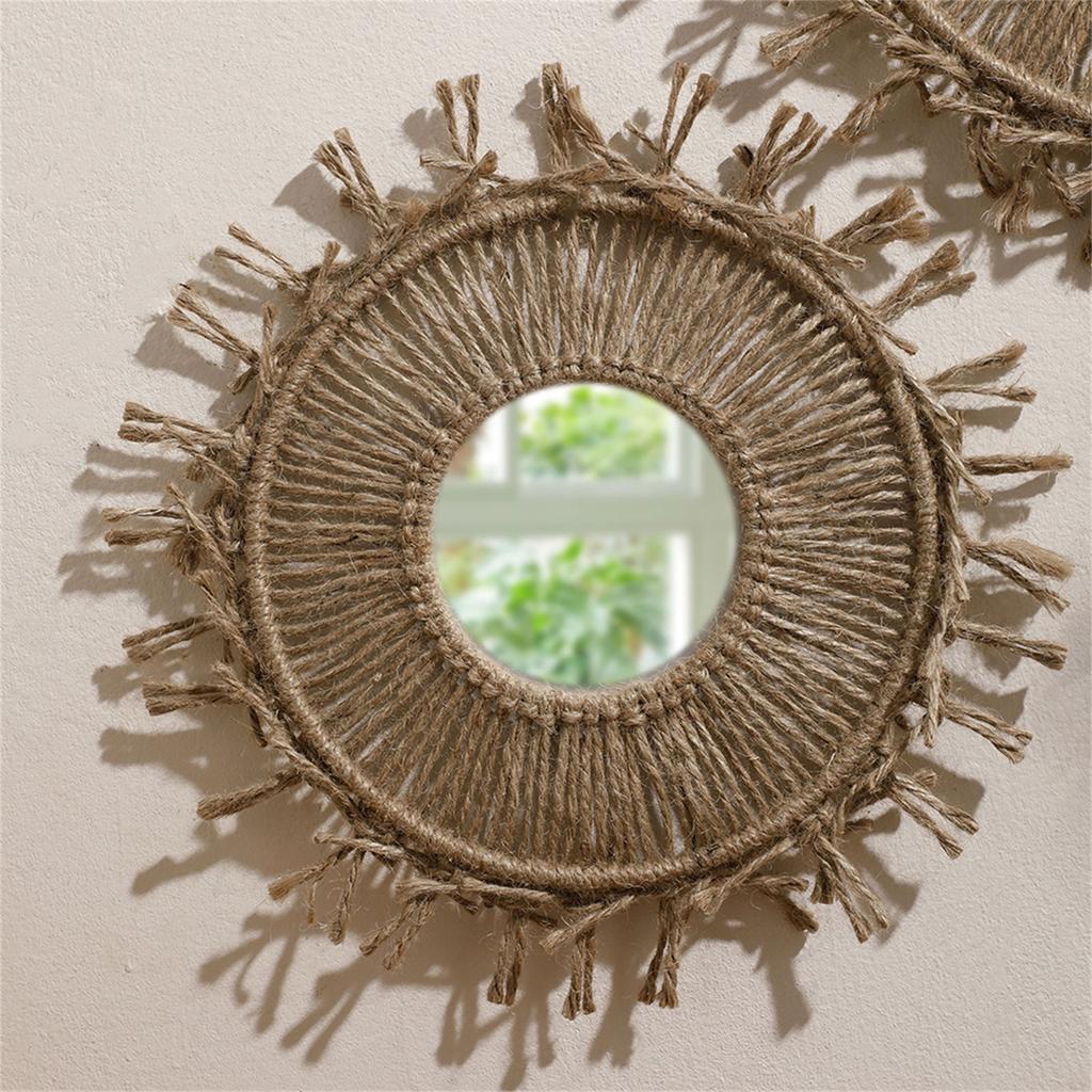 Round Wall Mirror Handwoven Cotton Rope Macrames Fringed Tassels Hanging Makeup Mirror for Bedroom Living Room Decors