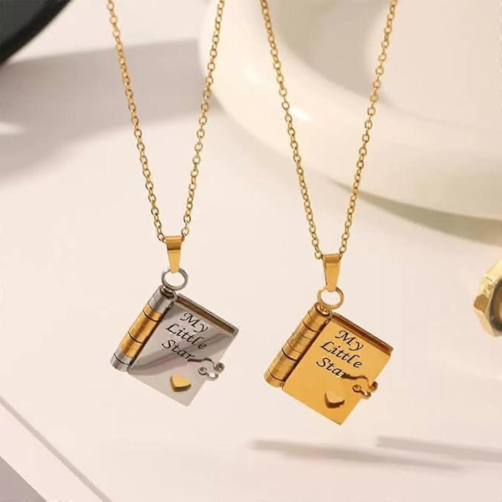 Book Necklace – Openable Pendant with 6 Engraved Pages, Adjustable Stainless Steel, Compatible with Birthday/Graduation Gift for Her