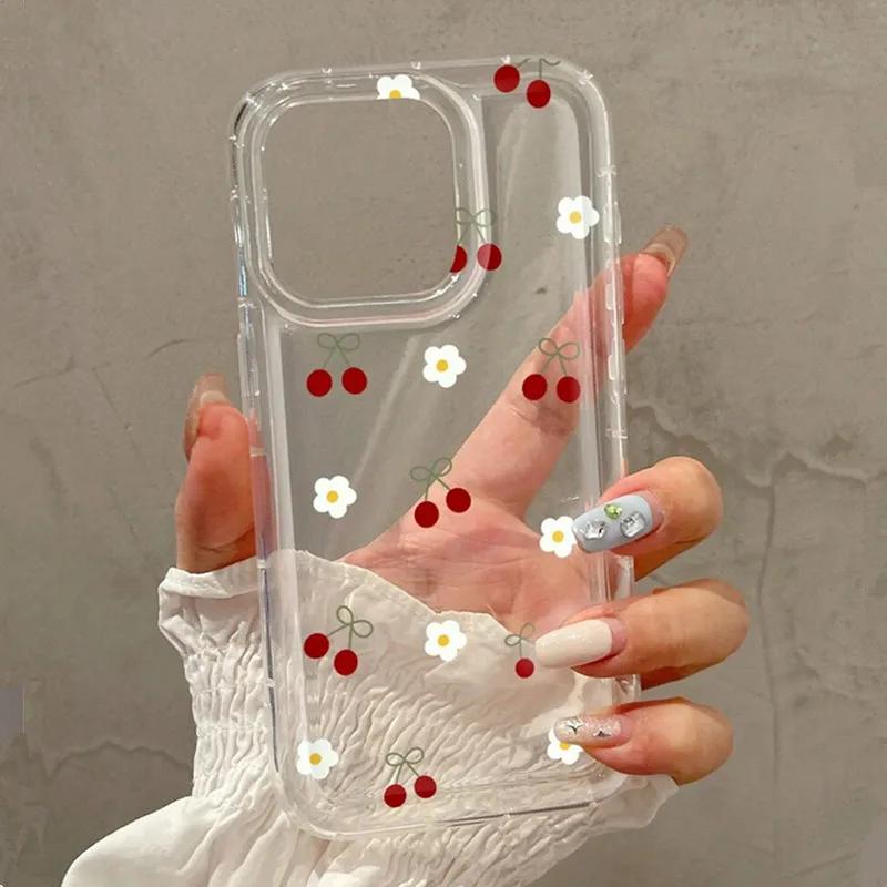 Cute Cherry & Daisy Phone Case For iPhone 16 15 14 13 12 11 Pro Max X XR 7 8 Plus Transparent Silicone Shockproof Case Cover
