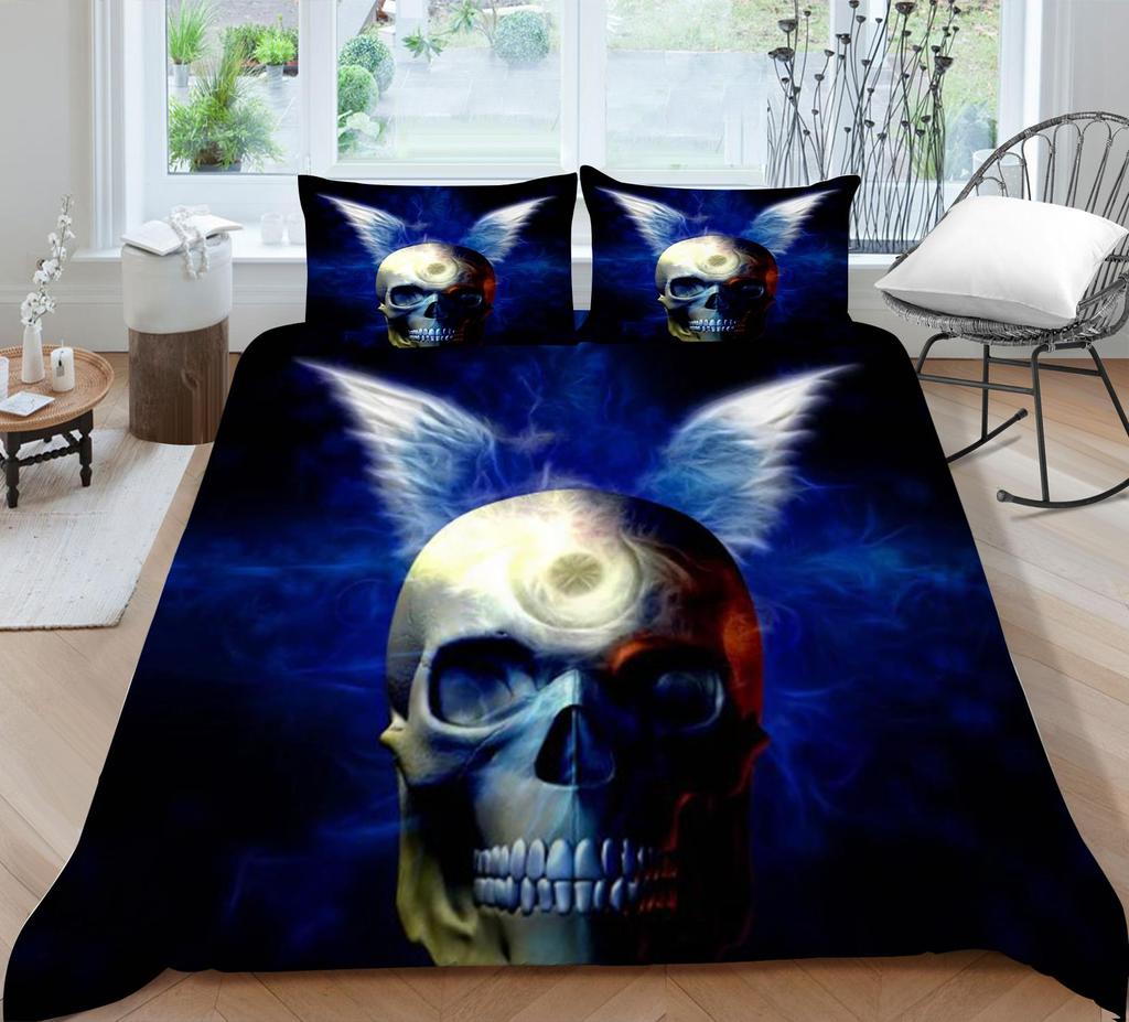 3D-Druck-Schädel-Bettset, atmungsaktiv, Heimbettwäsche mit Kissenbezug, für Kinder, Herren, Teenager, hochwertiger Bettbezug