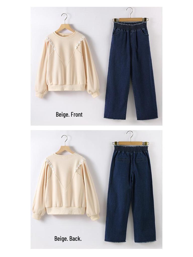 Höst 2025 Flickors Denimset: Sweatshirt & Byxor med vida ben för åldrarna 9-12