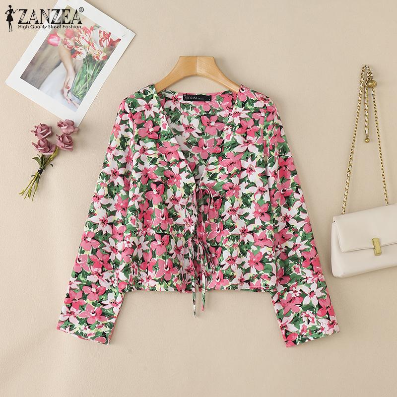 ZANZEA Damen Freizeit Schnürung V-Ausschnitt Langarm Blumenmuster Strickjacke Bluse