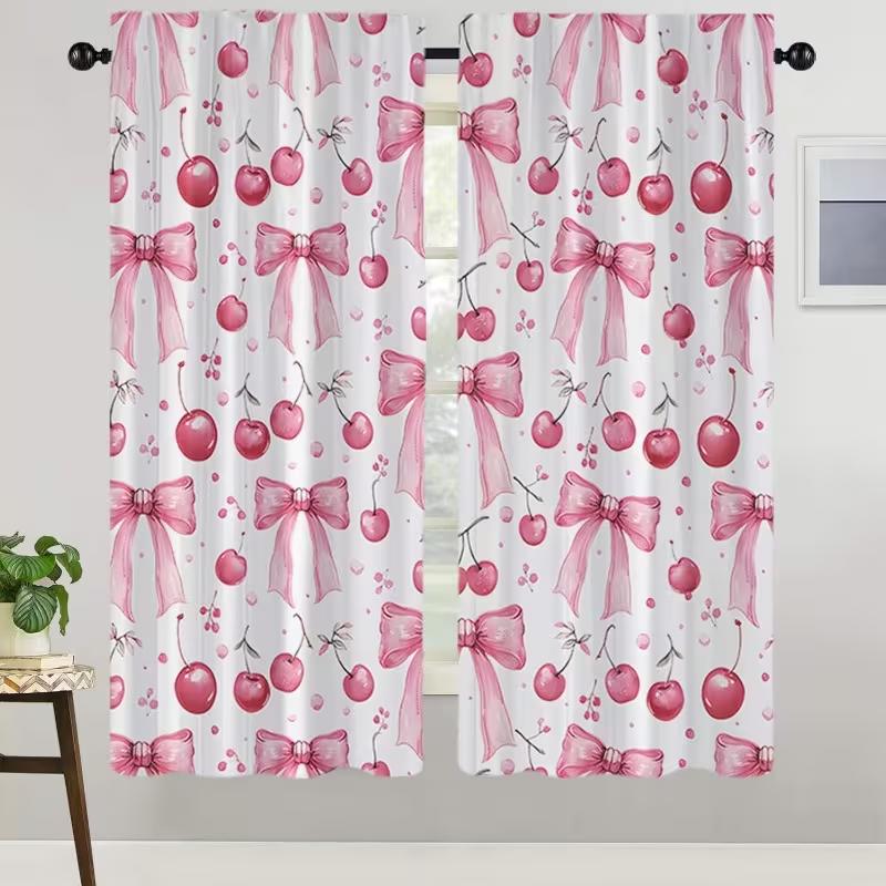 2 ks Růžové třešňové závěsy s mašlí Kawaii Sladký potisk Světlo filtrující závěsy Roztomilá dívčí domácí dekorace do ložnice obývacího pokoje