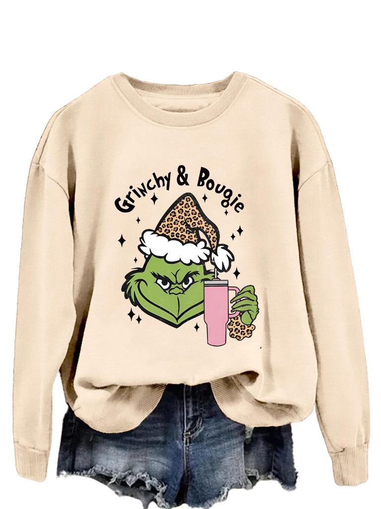 Women's Fashionable Leopard Print Christmas Sweatshirt with Grinchy Hat Design