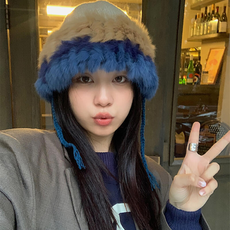 The Cap Raccoon Fur Knit Bonnet Hat C1 Blue C1 Blue