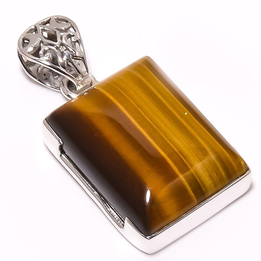 Natural Tiger's Eye Gemstone 925 Solid Sterling Silver Gift Pendant 1.58" K1l36