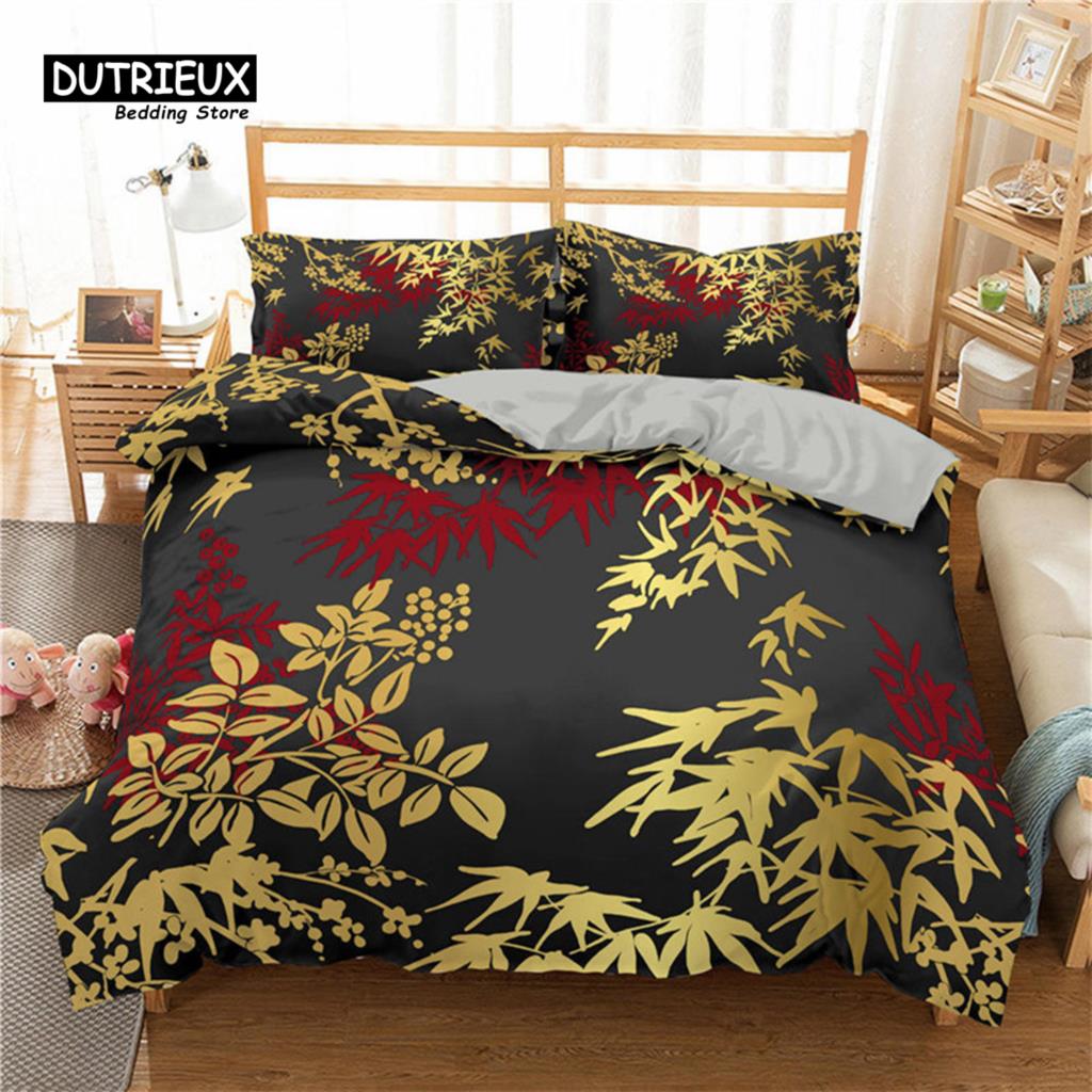 Golden Floral Bedding Set Queen Size Microfiber Bohemia Flowers Leaves 3D Print Duvet Cover For Kids Teens Adults Bedroom Decor