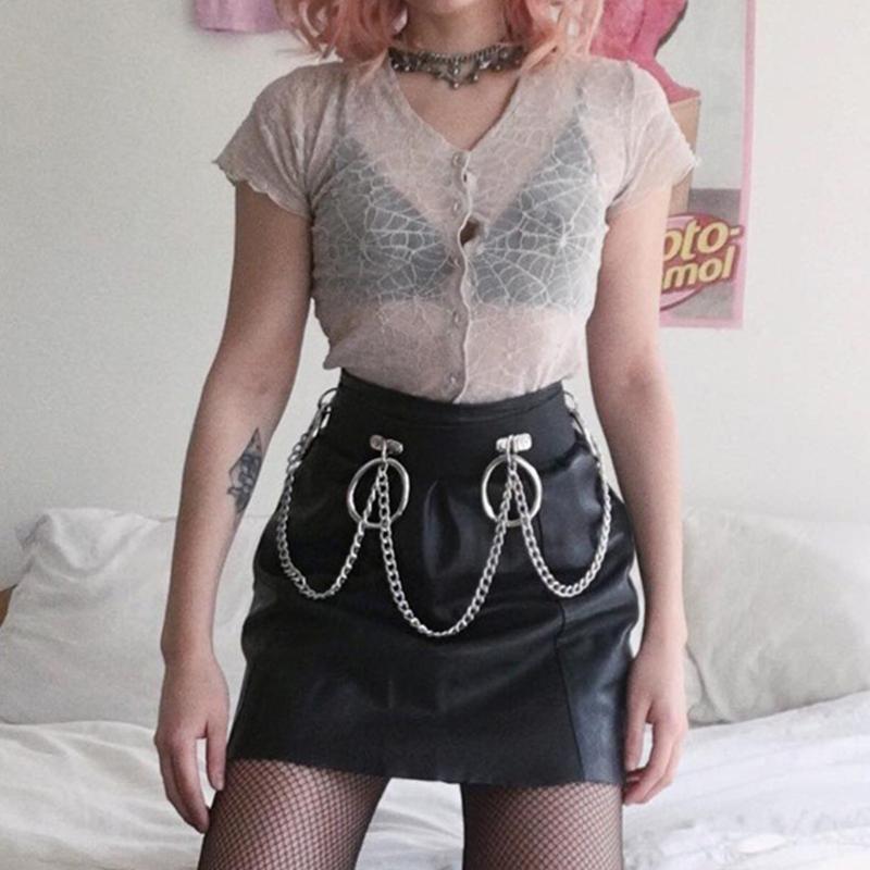 Gothic Waist Chain Alloy and PU Leather Body Chains with Rounded Circle Decor Body Straps Accessories for Women and Girl