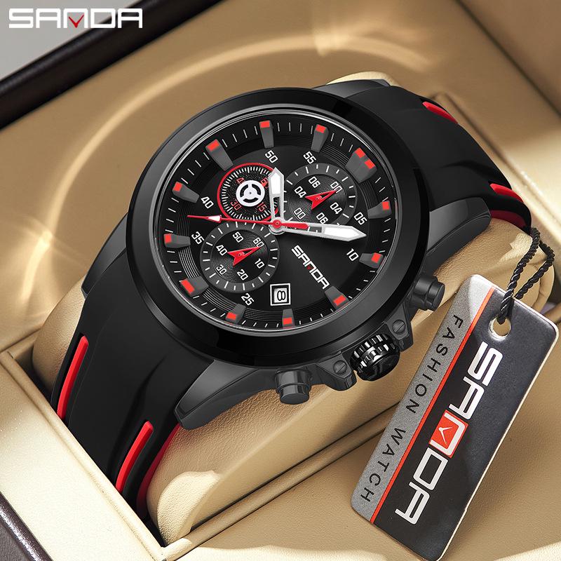Sanda Men's Six-Needle Quartz Chronograph Calendar Silicone Strap Watch