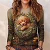 Autumn and Winter Women's Puppy 3D Printed Crew Neck Long Sleeve T-Shirt